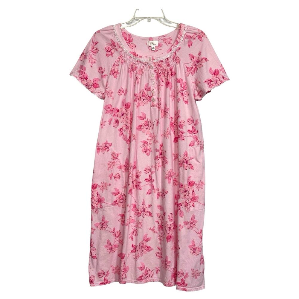 Pink Floral Cotton Midi Nightgown Smocked Lace Pockets M Cottagecore